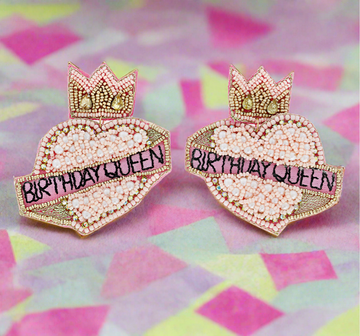 Birthday Queen Pink Crown Heart Earrings