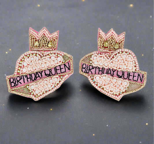 Birthday Queen Pink Crown Heart Earrings