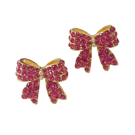 Amanda Bright Designs Pink Diamond Crystal Studded Gold Bow Earrings with Pearl Accent