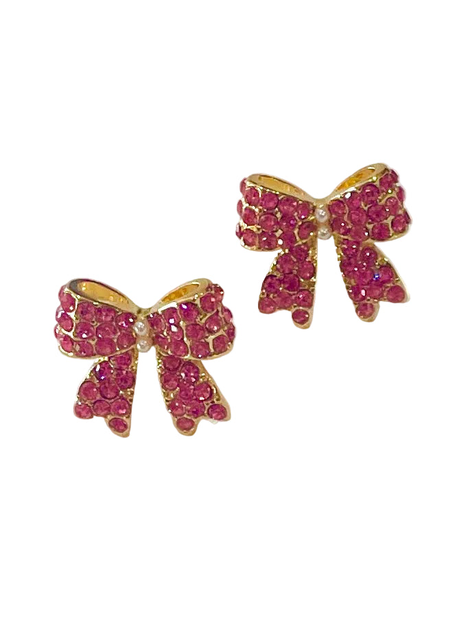 Amanda Bright Designs Pink Diamond Crystal Studded Gold Bow Earrings with Pearl Accent