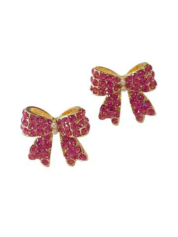 Amanda Bright Designs Pink Diamond Crystal Studded Gold Bow Earrings with Pearl Accent
