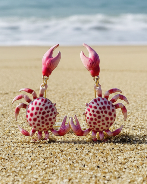 Pink Enamel Crab Earrings