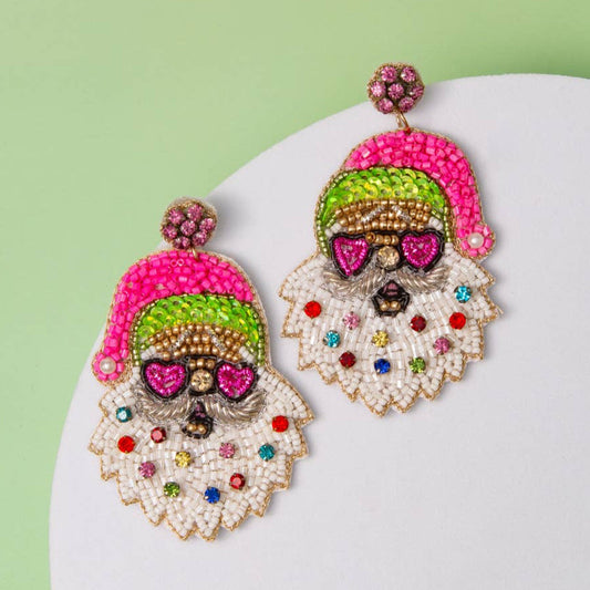 Pink Santa with Heart Glasses Seed Bead Earrings