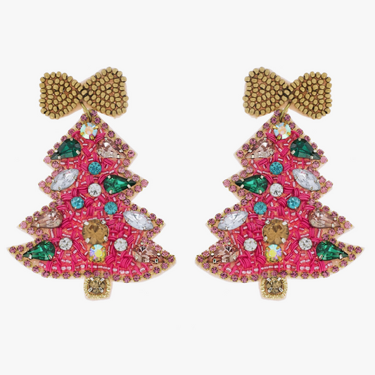 Jeweled Pink Christmas Tree Beaded Bow Earrings