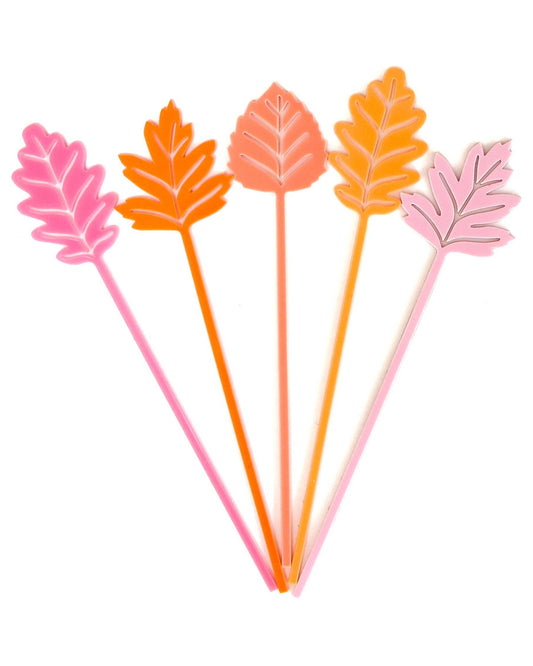 Pink and Orange Fall leaves Drink Stirrers, Set of 5