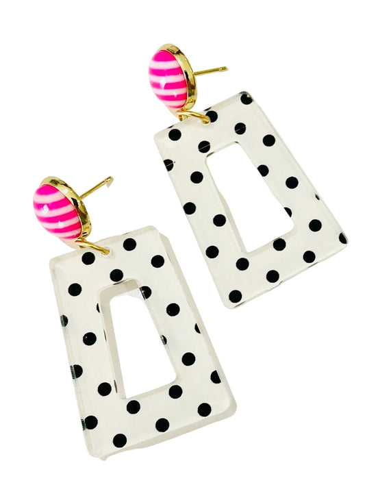 Black and White Polka Dot With Pink Striped Button Earrings