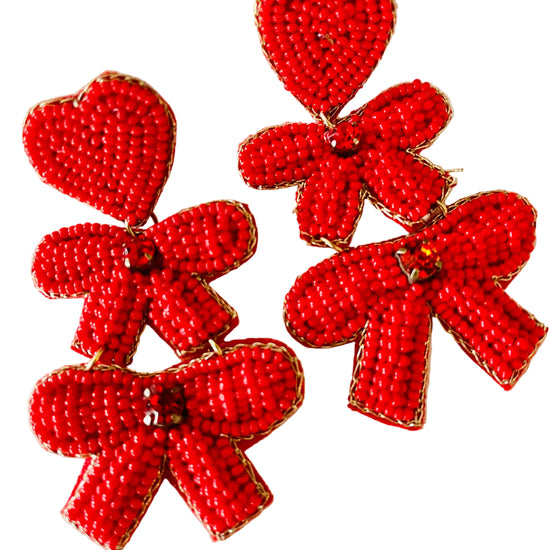 Amanda Bright Designs Red Hearts and Bows Beaded Dangle Earrings