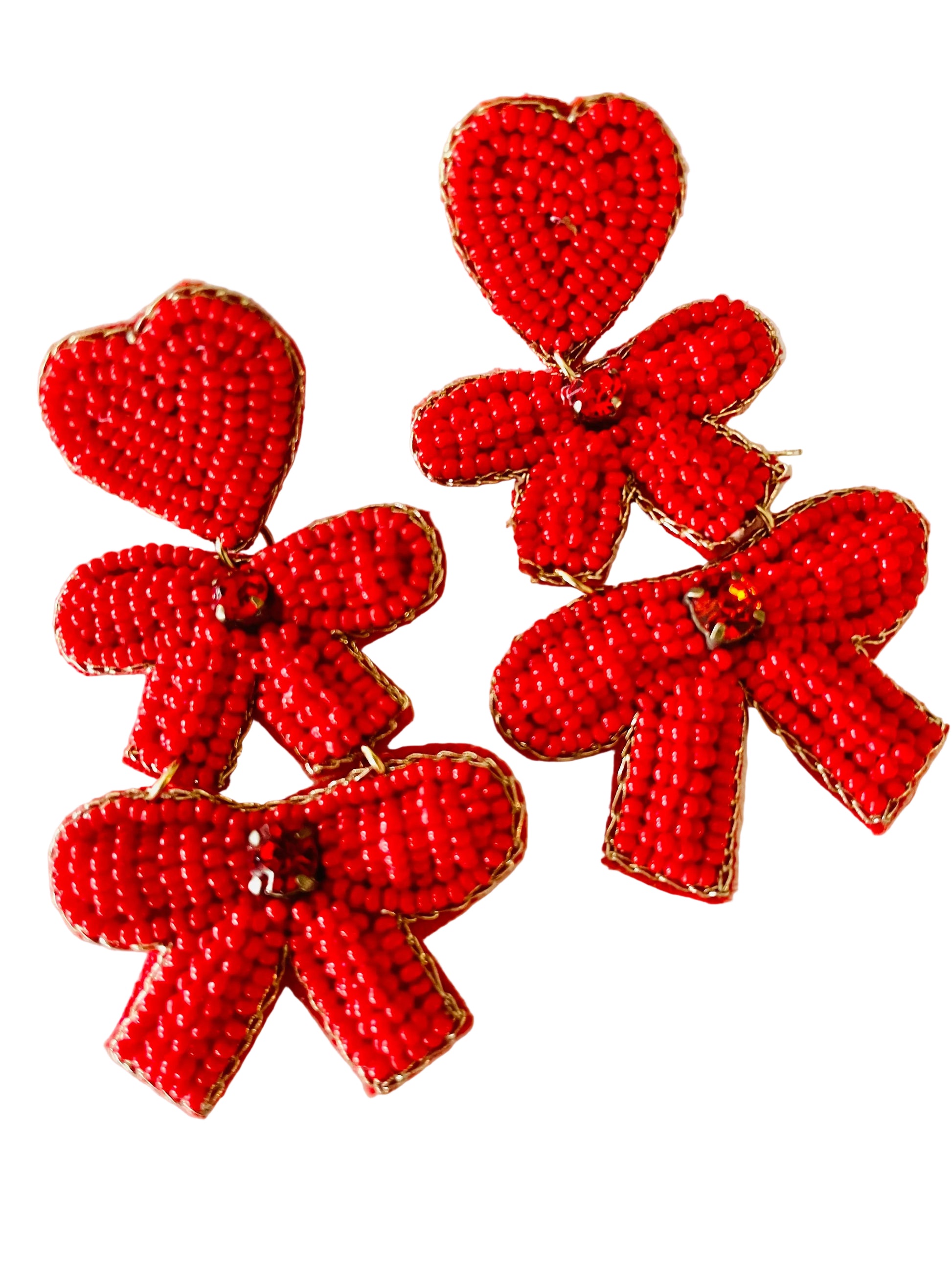 Amanda Bright Designs Red Hearts and Bows Beaded Dangle Earrings
