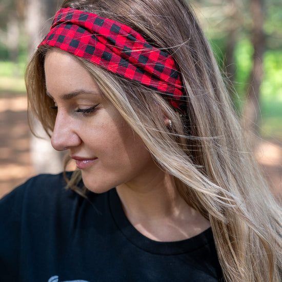 Amanda Bright Designs Original Tie Red and Black Buffalo Plaid Headband Fall Christmas Winter