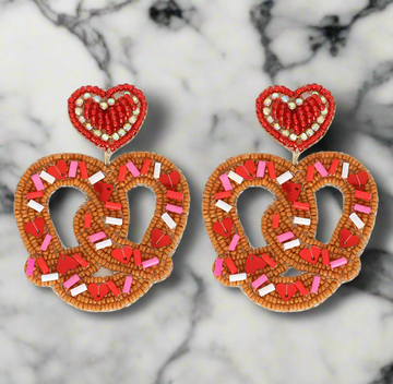 Red and Pink Pretzel Beaded Heart Earrings