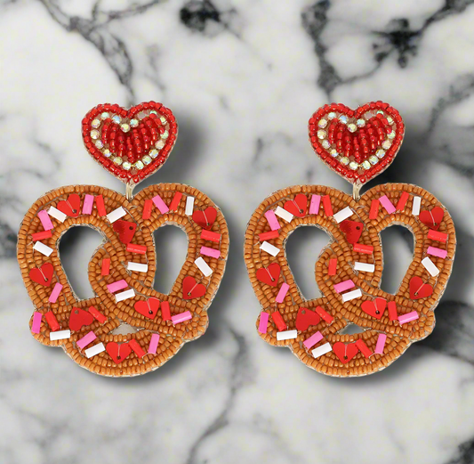 Red and Pink Pretzel Beaded Heart Earrings