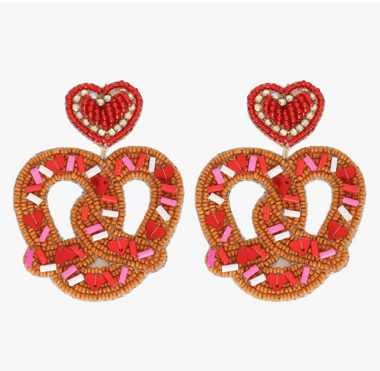 Red and Pink Pretzel Beaded Heart Earrings