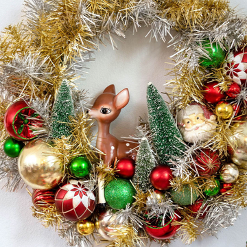 Retro Tinsel Wreath with Santa and Reindeer
