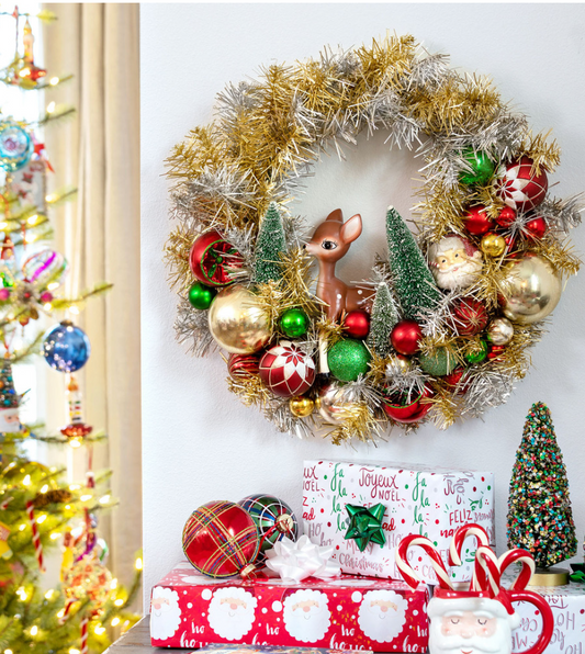 Retro Tinsel Wreath with Santa and Reindeer