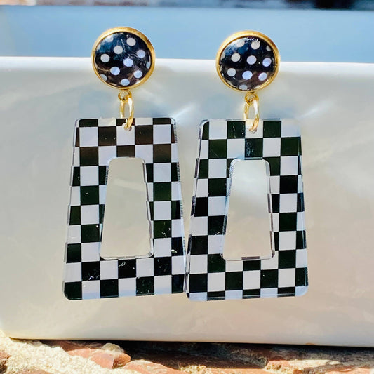 Amanda Bright Designs Checkered earrings with black and white polka dot studs