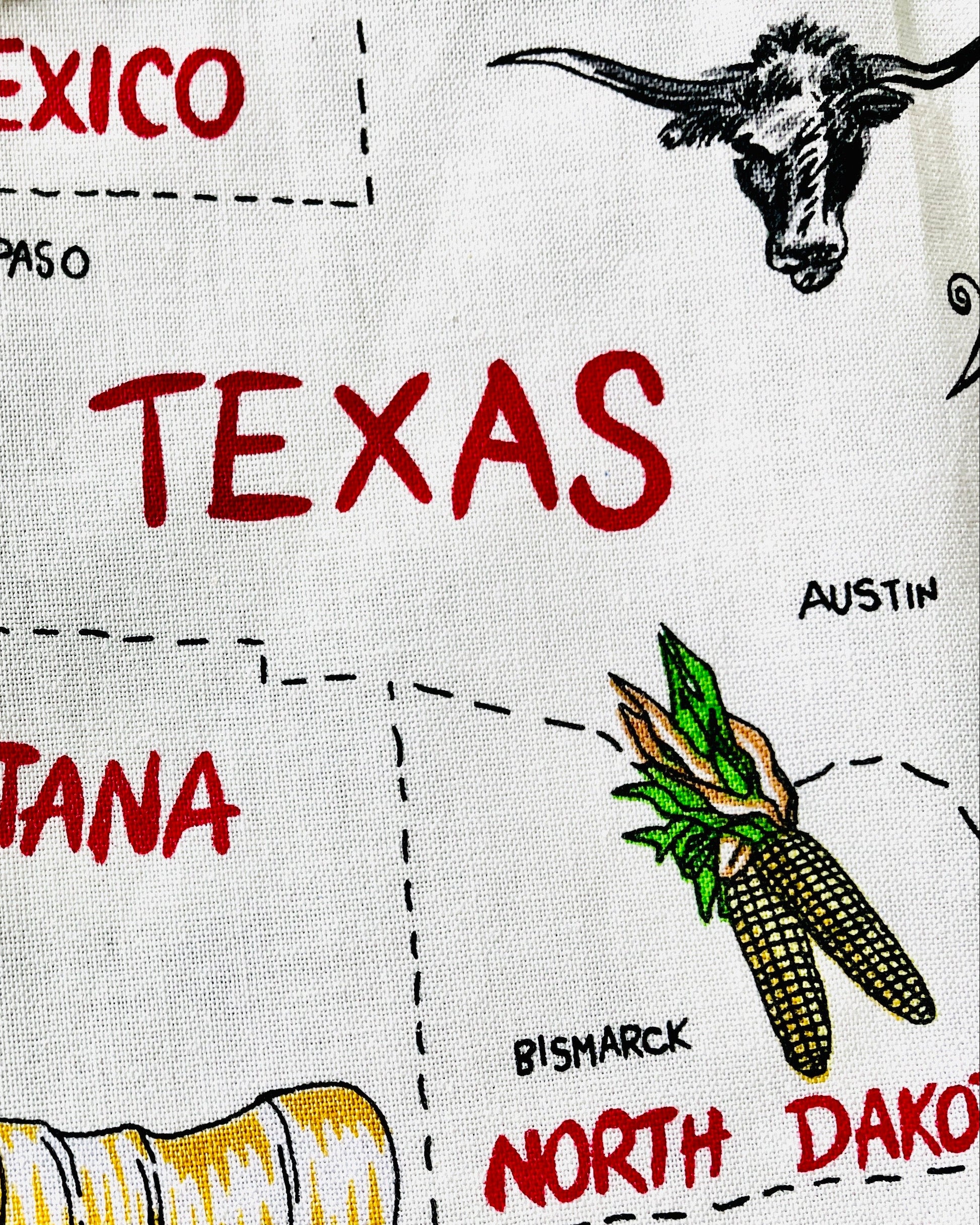 Sadie kitchen apron 50 states and their capitals historic industries road trip American heartland travel Conestoga wagon oil well longhorn airplane canoe cheese log cabin fabric pattern 