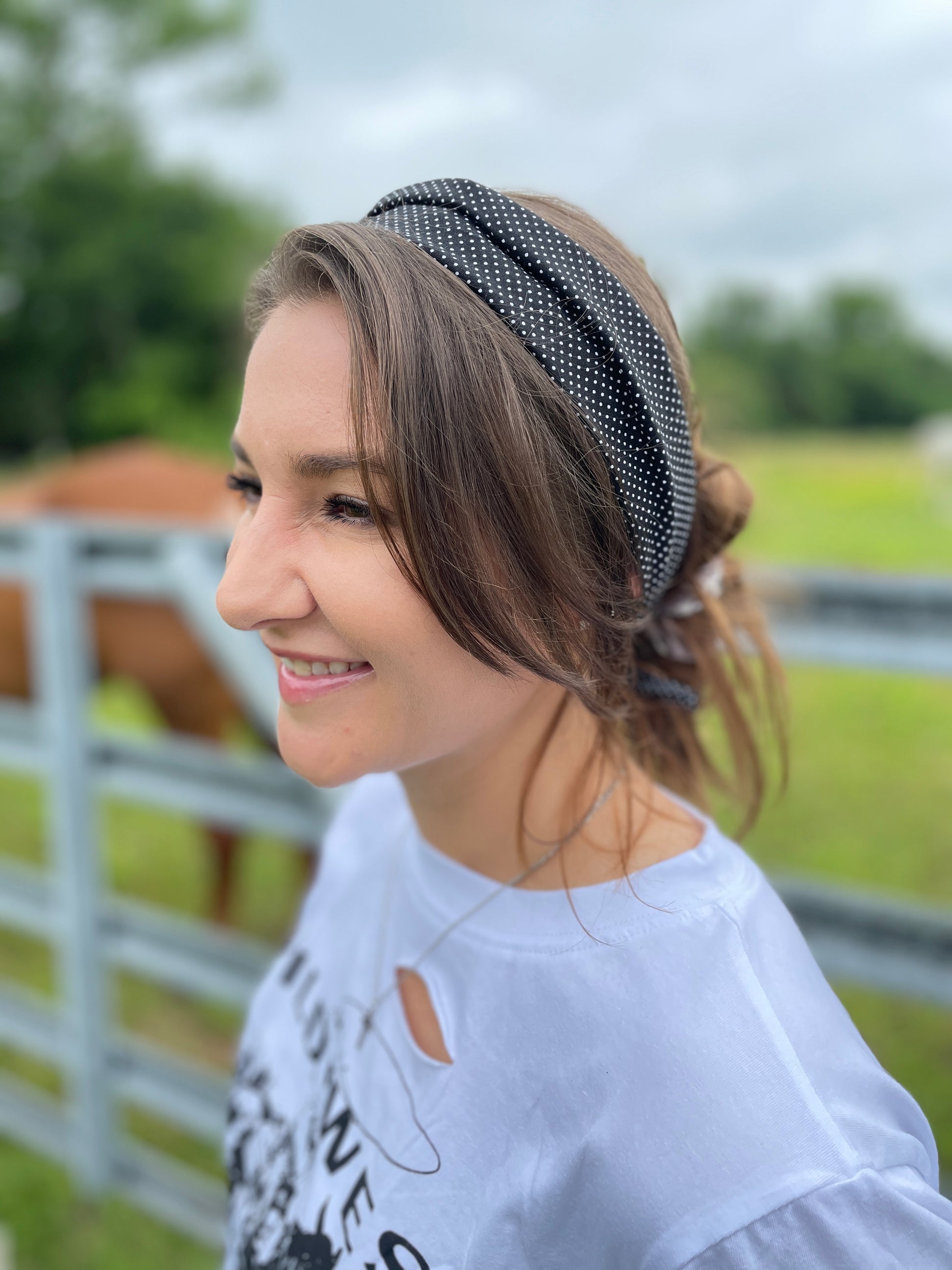 Amanda Bright Designs Black Swissdot The Original Tie Headband on model