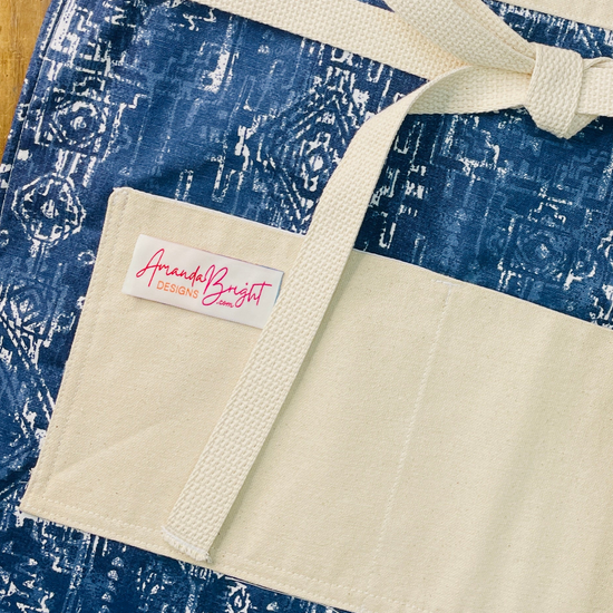 amanda bright designs sierra apron view of cotton canvas pockets and strings denim indigo southwest inspired