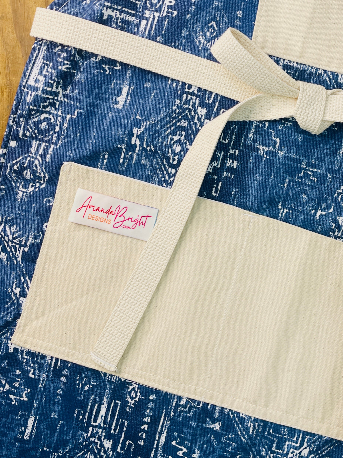 amanda bright designs sierra apron view of cotton canvas pockets and strings denim indigo southwest inspired