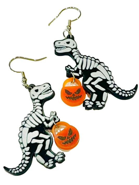 Skeleton Dinosaur with Trick Or Treat Bucket Earrings