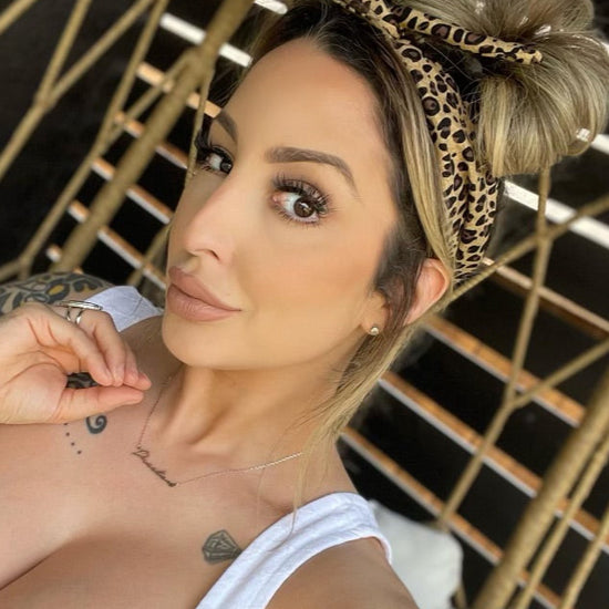 woman wearing leopard headband with ponytail fashion Amanda bright designs