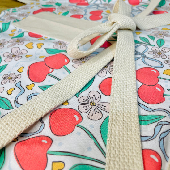 Amanda Bright Designs Summer Bows and Cherries Hearts Floral Apron Couture 100% USA made cotton