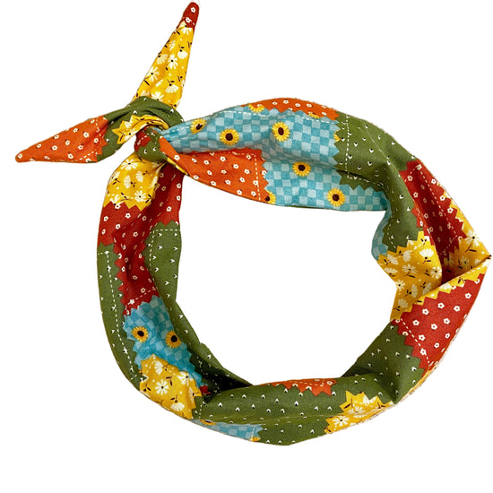 patchwork quilt fall headband for women by Amanda Bright Designs