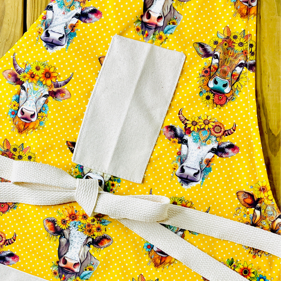Amanda Bright Designs sunflower flowers bouquet cow yellow polkadot print apron country couture