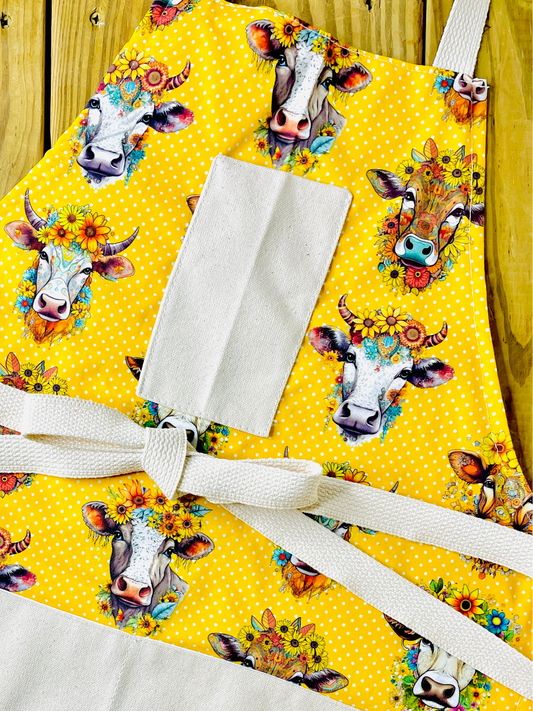 Amanda Bright Designs sunflower flowers bouquet cow yellow polkadot print apron country couture