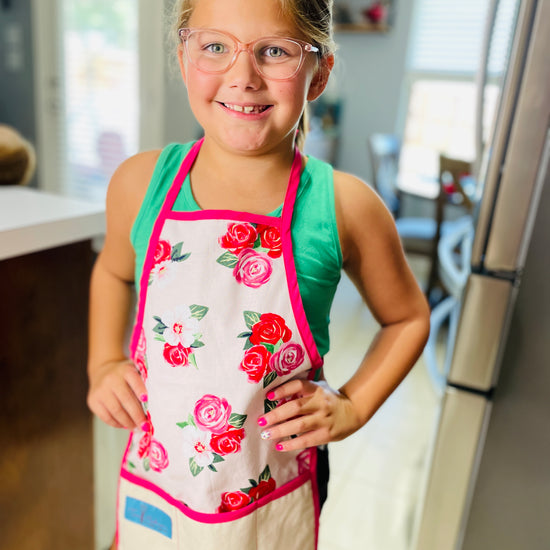 Two Medium Sized Ladies pink roses childrens apron valentines day romantic kids craft apron on little girl