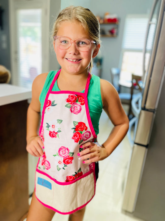 Two Medium Sized Ladies pink roses childrens apron valentines day romantic kids craft apron on little girl