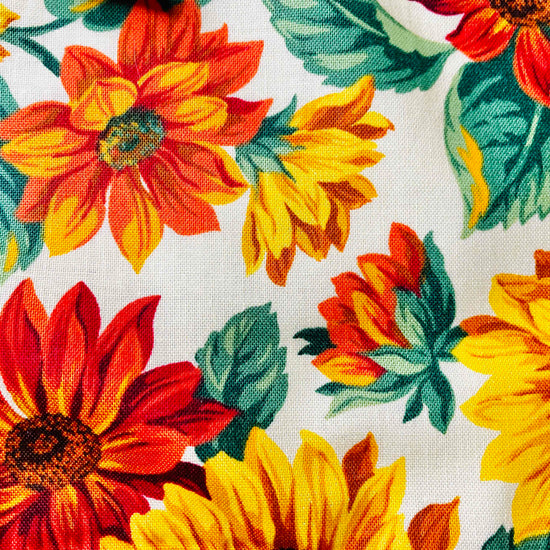 Two Medium Sized Ladies Teresa Apron Sunflowers Pattern Burnt Sienna Pumpkin Orange Goldenrod fabric pattern