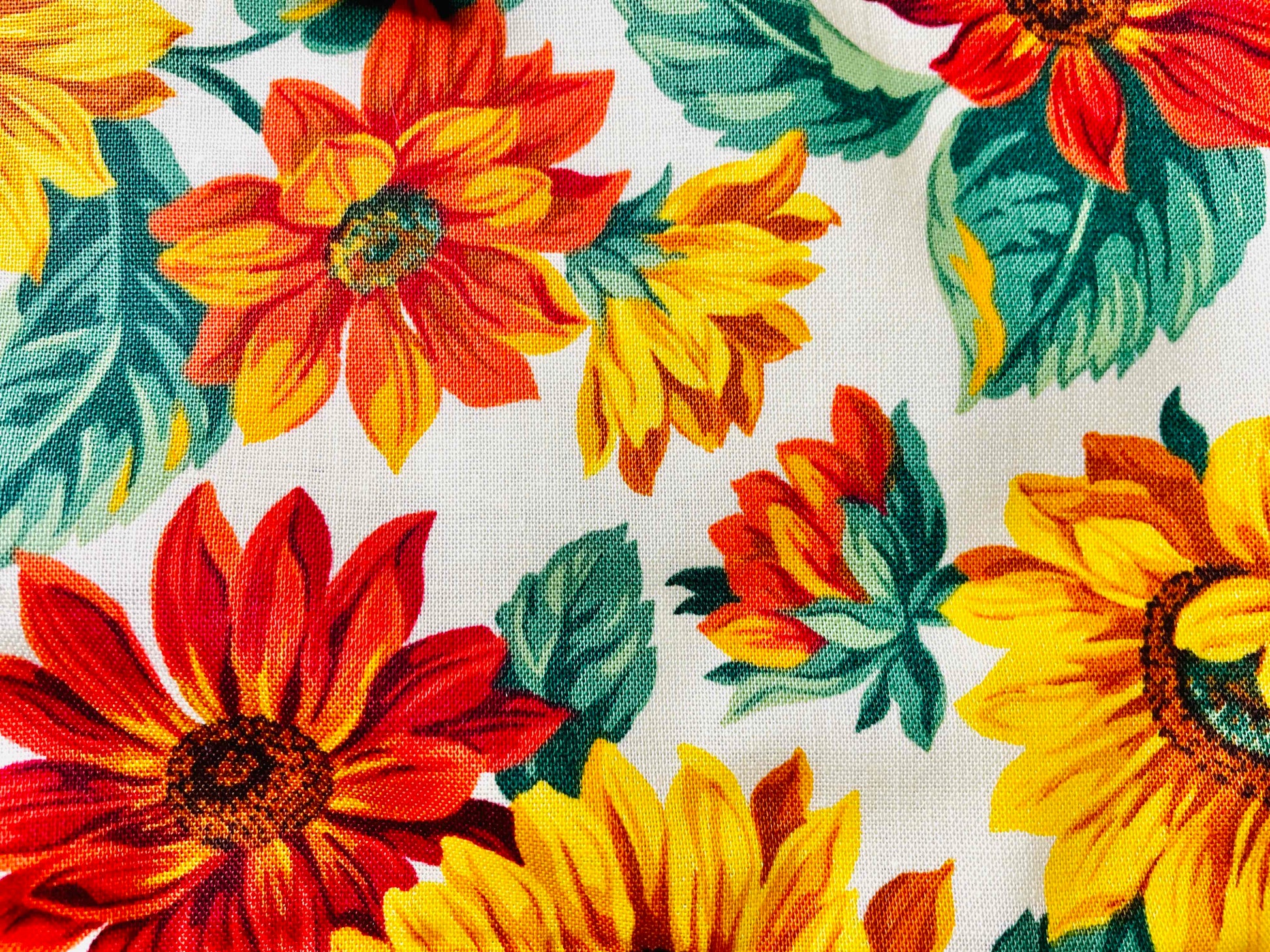 Two Medium Sized Ladies Teresa Apron Sunflowers Pattern Burnt Sienna Pumpkin Orange Goldenrod fabric pattern