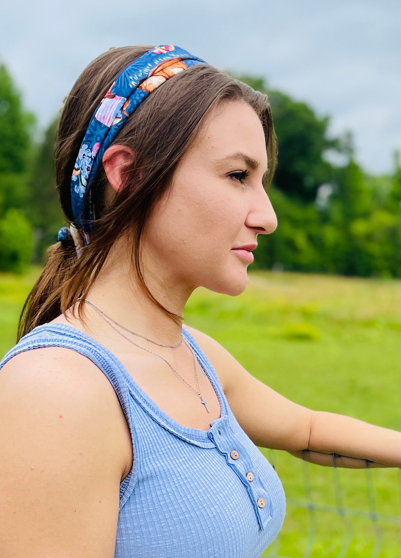 Amanda Bright Designs The Original Tie Headband Texas Boots as ponytail holder on model