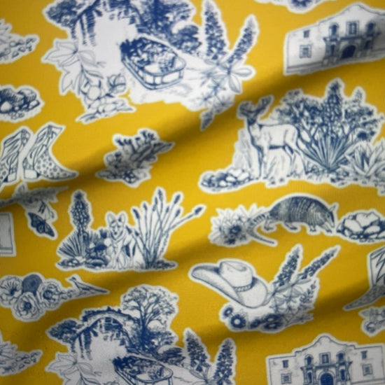 Amanda Bright Designs Couture Apron collection Texas Toile gold and navy San Antonio scenes