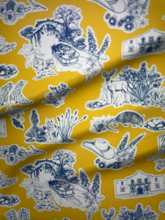 Amanda Bright Designs Couture Apron collection Texas Toile gold and navy San Antonio scenes