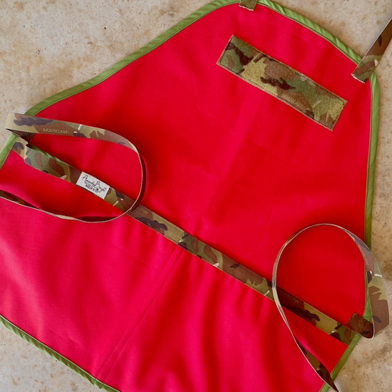 Amanda Bright Designs men’s apron the McClane Die Hard Red waterproof canvas apron with camouflage straps 