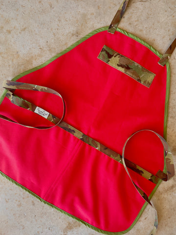Amanda Bright Designs men’s apron the McClane Die Hard Red waterproof canvas apron with camouflage straps 