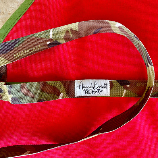 Amanda Bright Designs men’s apron the McClane Die Hard Red waterproof canvas apron with camouflage straps 