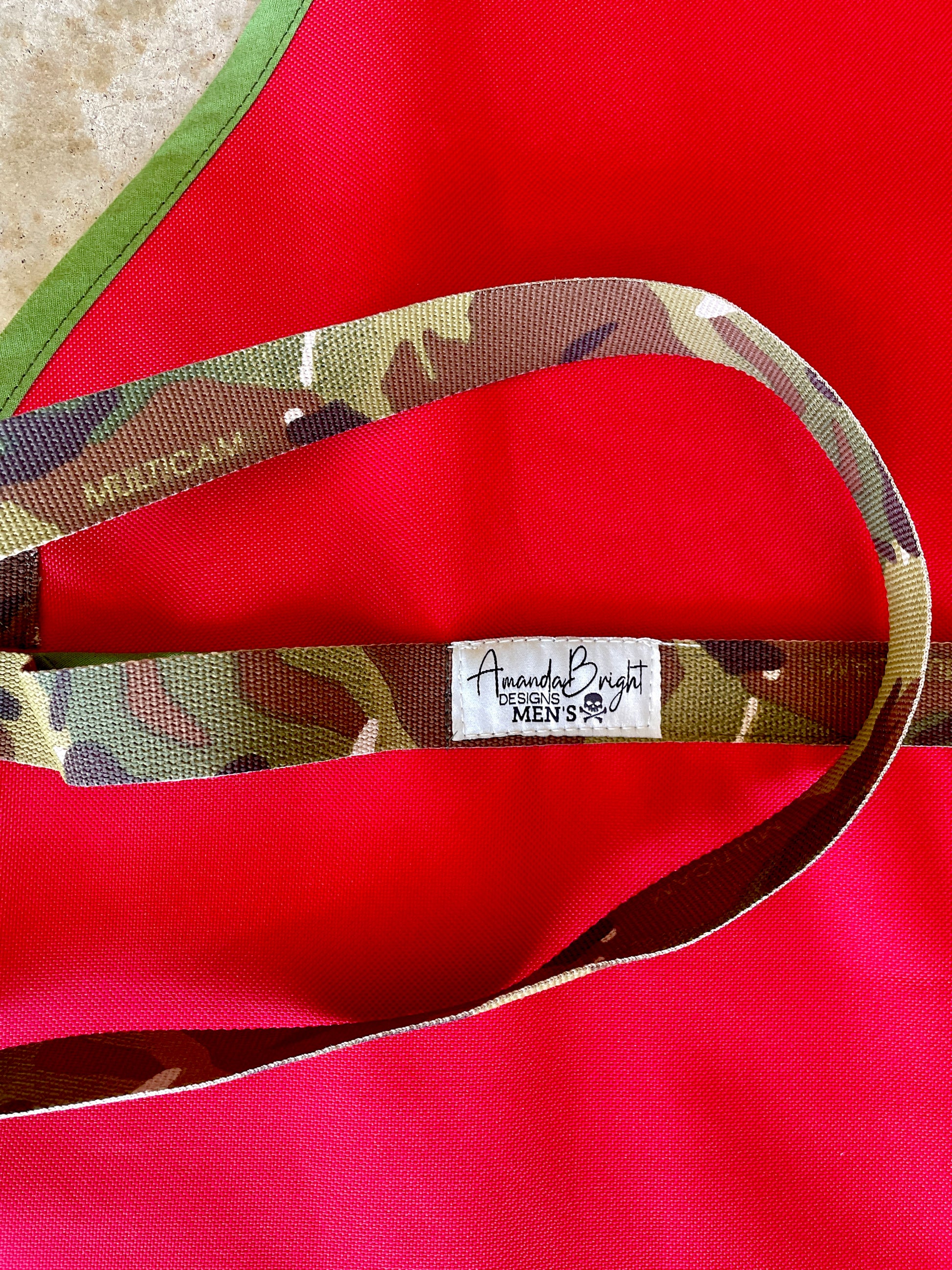 Amanda Bright Designs men’s apron the McClane Die Hard Red waterproof canvas apron with camouflage straps 