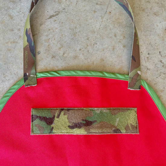 Amanda Bright Designs men’s apron the McClane Die Hard Red waterproof canvas apron with camouflage straps 