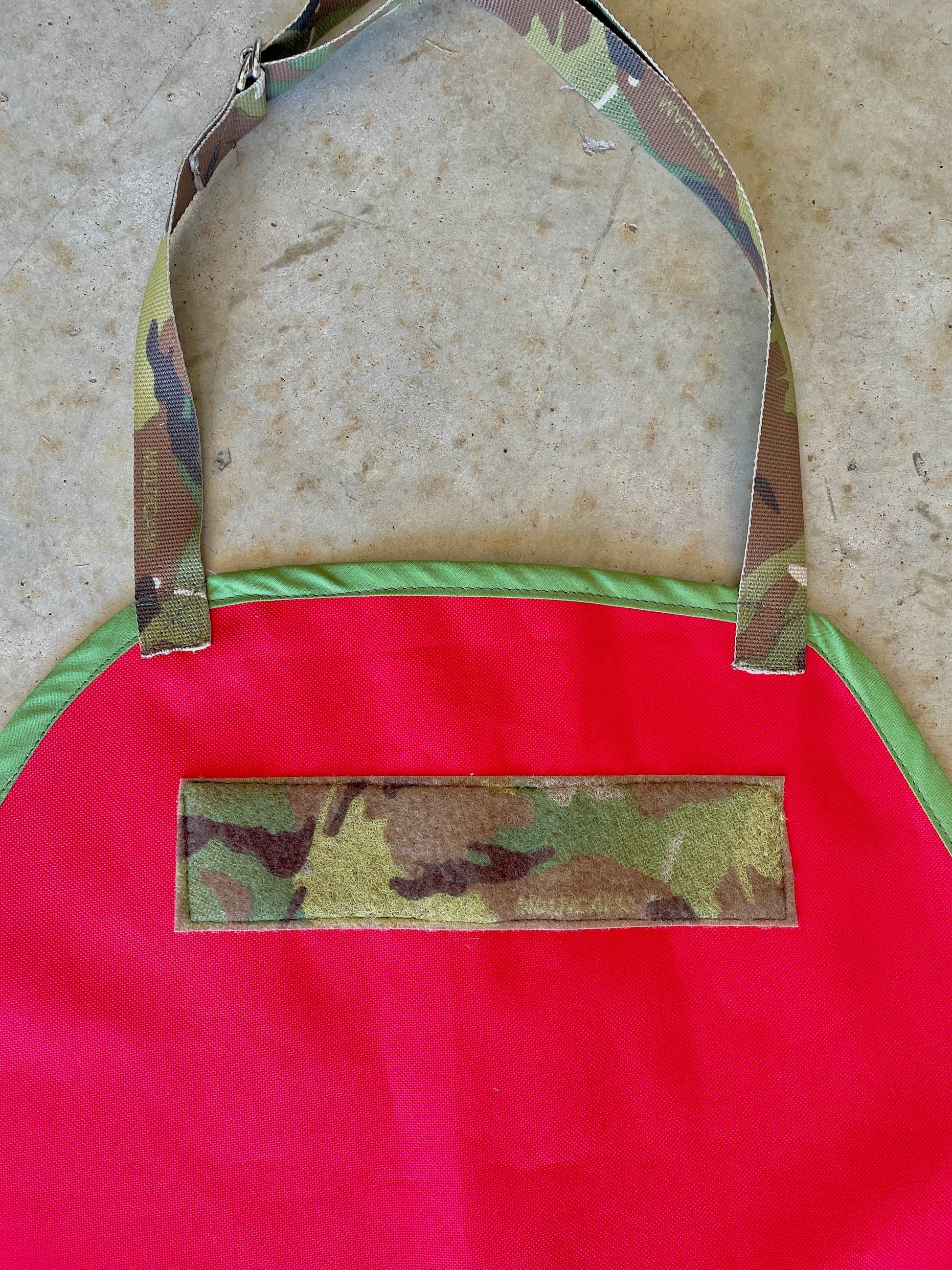 Amanda Bright Designs men’s apron the McClane Die Hard Red waterproof canvas apron with camouflage straps 