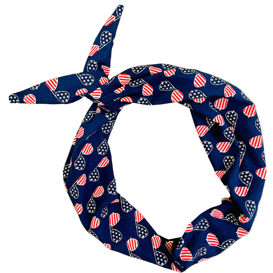 Navy blue patriotic headband with red, white, and blue colors and aviator sunglasses Amanda bright designs