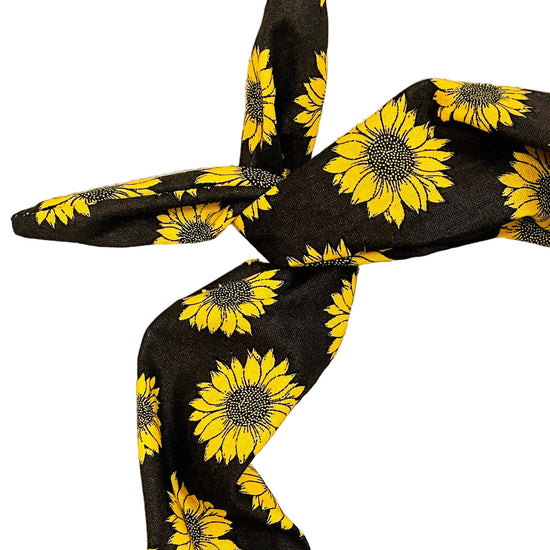 Amanda Bright designs black tie headband with golden yellow sunflowers