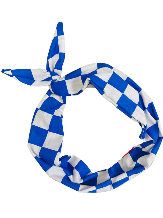 Blue and white checkered racing headband Amanda Bright Designs