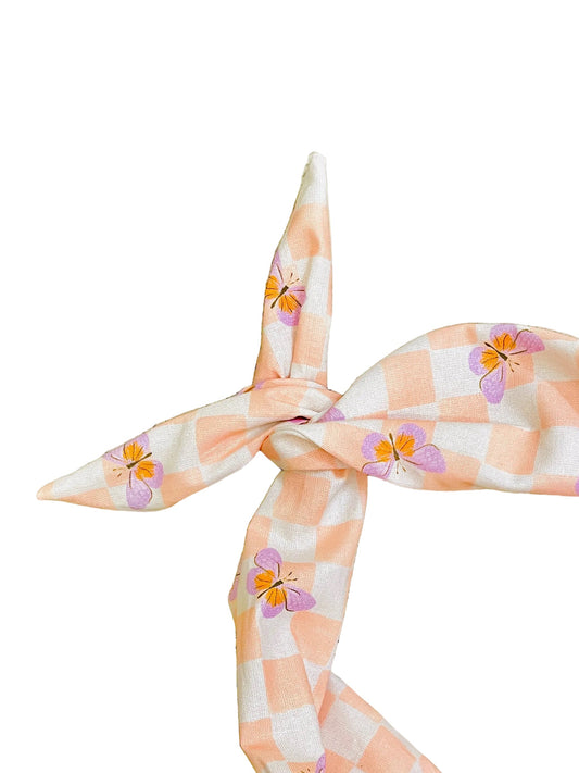 Amanda Bright Designs Butterfly check, lilac, peach and white square checkered headband
