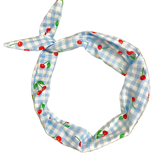 Amanda Bright Designs Headband with blue and white gingham and bright red cherries