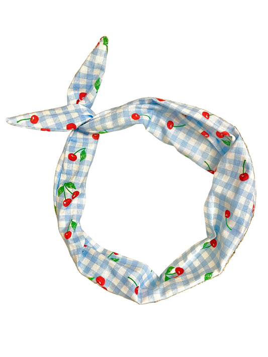 Amanda Bright Designs Headband with blue and white gingham and bright red cherries