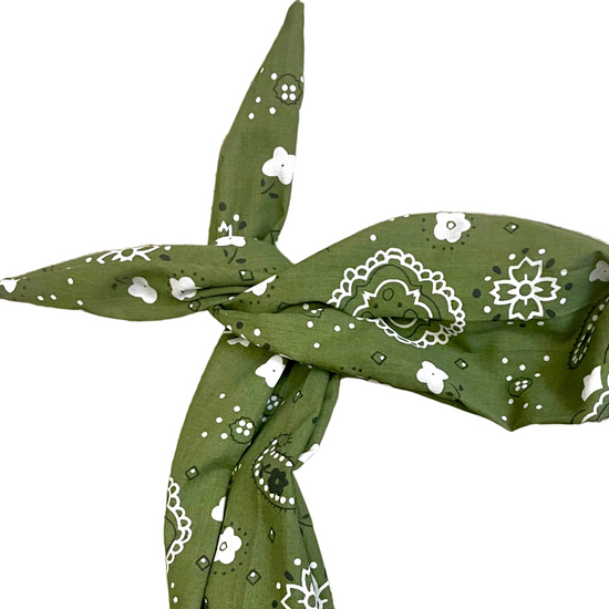 An olive green paisley print bandana tie headband Amanda Bright Designs