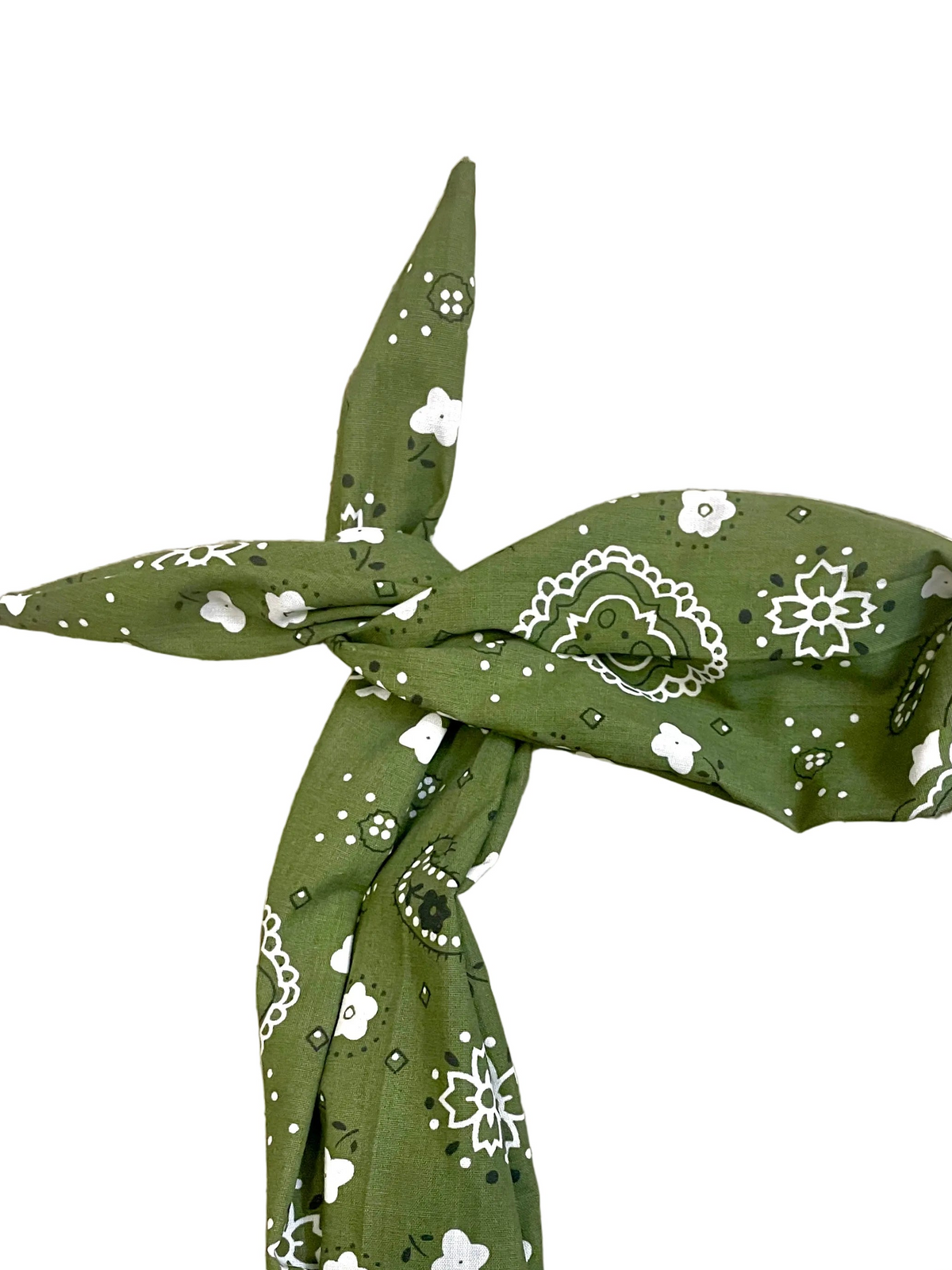 An olive green paisley print bandana tie headband Amanda Bright Designs